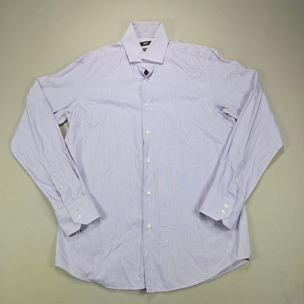 Hugo Boss Button-Up Regular Fit Egyptian‎ Cotton Micro-Check Purple Mens 16.5